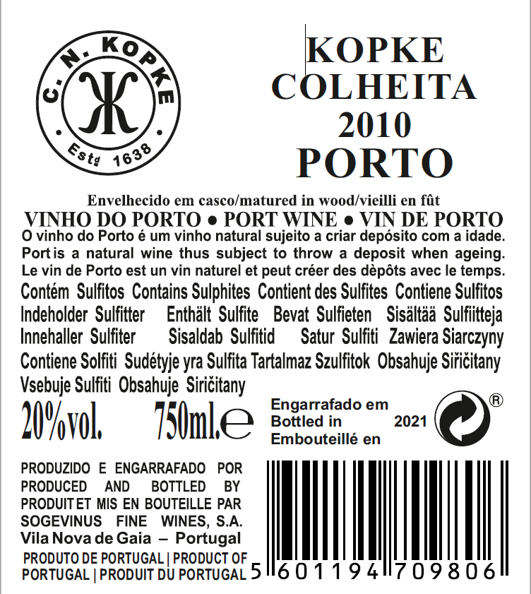 VINHO DO PORTO - KOPKE COLHEITA 2010 TAWNY