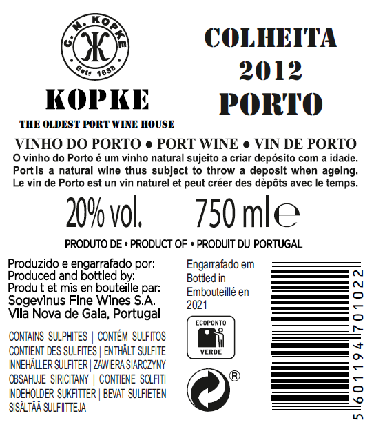 VINHO DO PORTO - KOPKE COLHEITA 2012 TAWNY