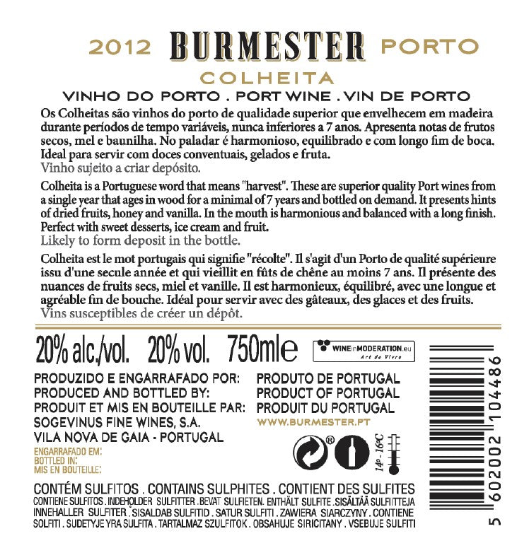 VINHO DO PORTO - BURMESTER COLHEITA 2012 TAWNY