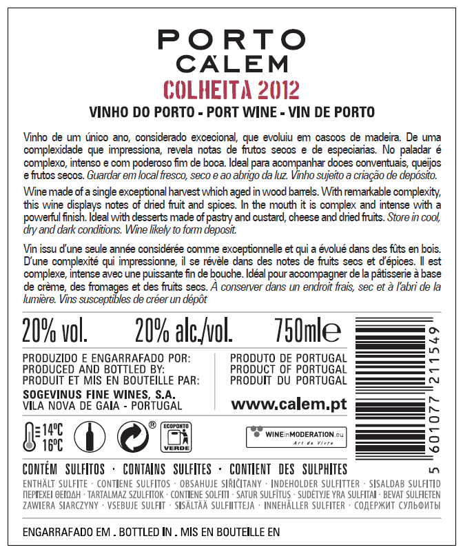 VINHO DO PORTO - CÁLEM COLHEITA 2012 TAWNY