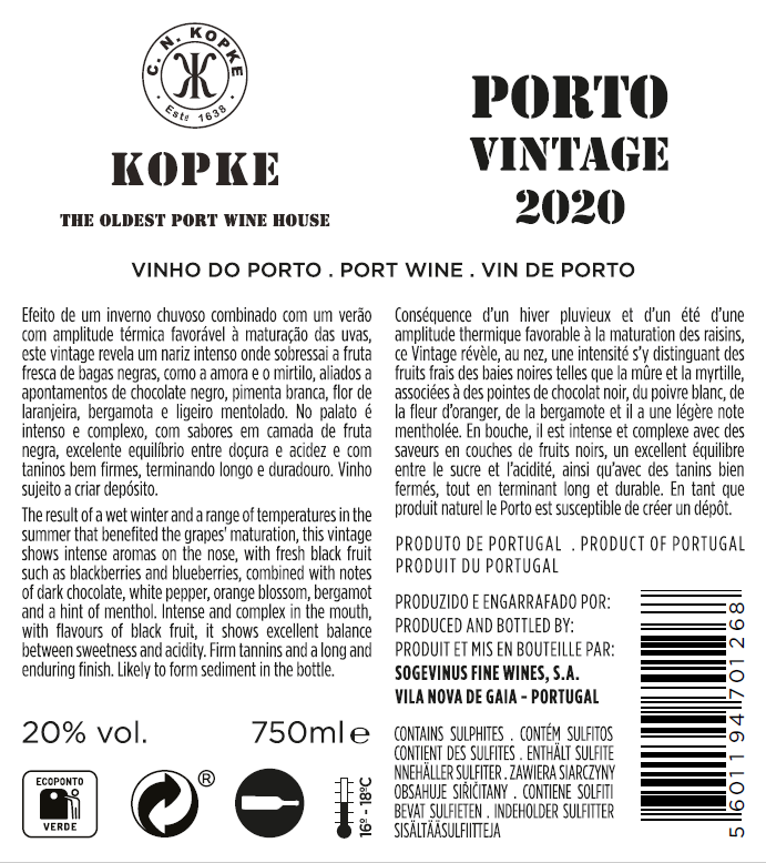 VINHO DO PORTO KOPKE VINTAGE 2020
